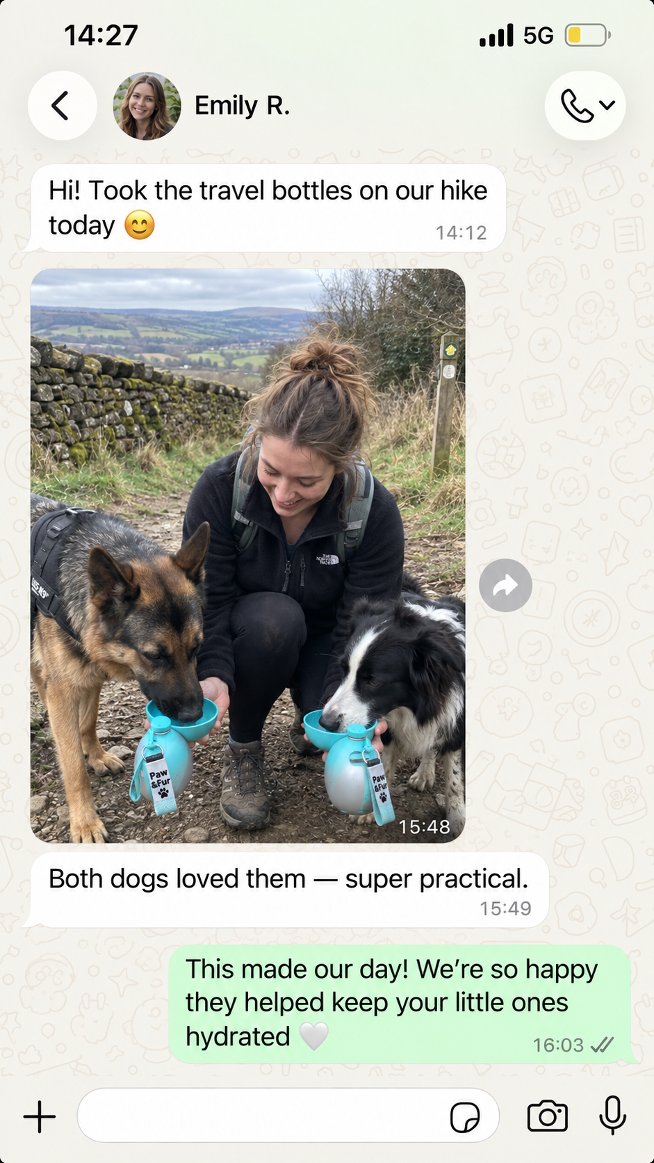 Two friends hydrating their dogs on a trail with Paw & Fur travel bottles
