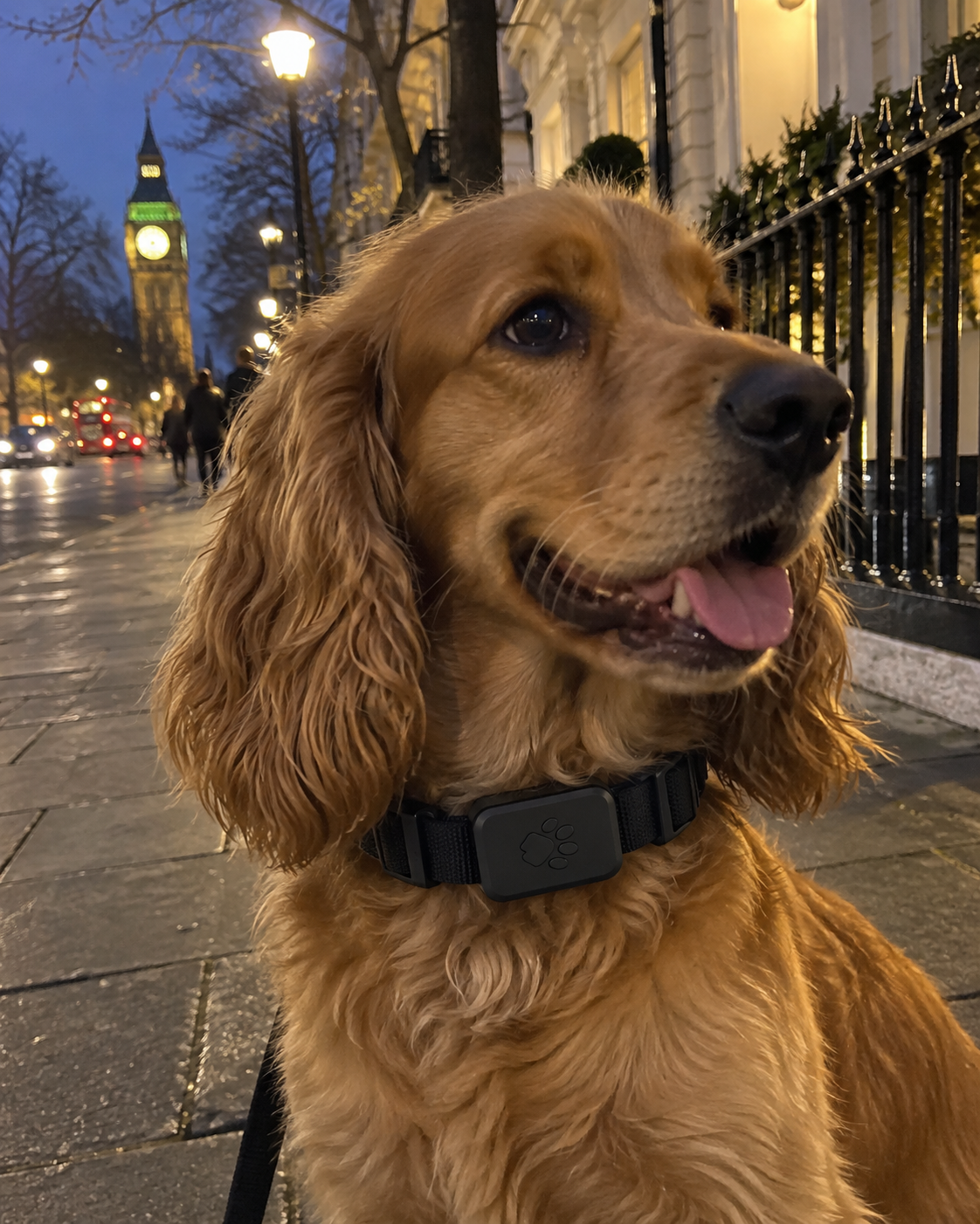 Dog wearing the Paw & Fur Smart Pet Tracker during an evening walk in London