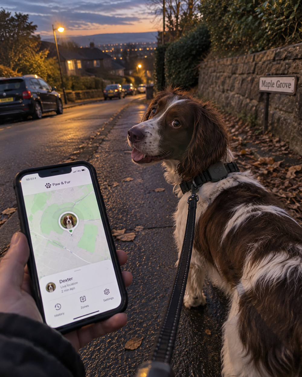 Customer conversation about using the Paw & Fur Smart Pet Tracker during an evening walk