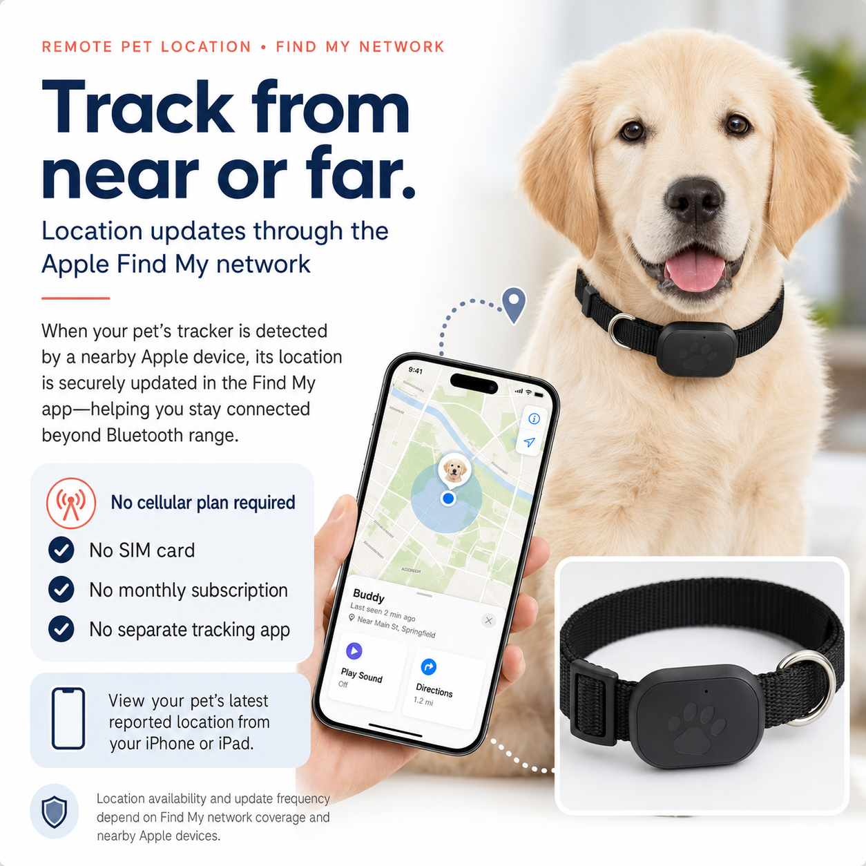 Remote Pet GPS Tracker Waterproof Real-Time Tracking Movement Alert Collar Anti-Lost Dog Cat Global Locator for Apple Find APP